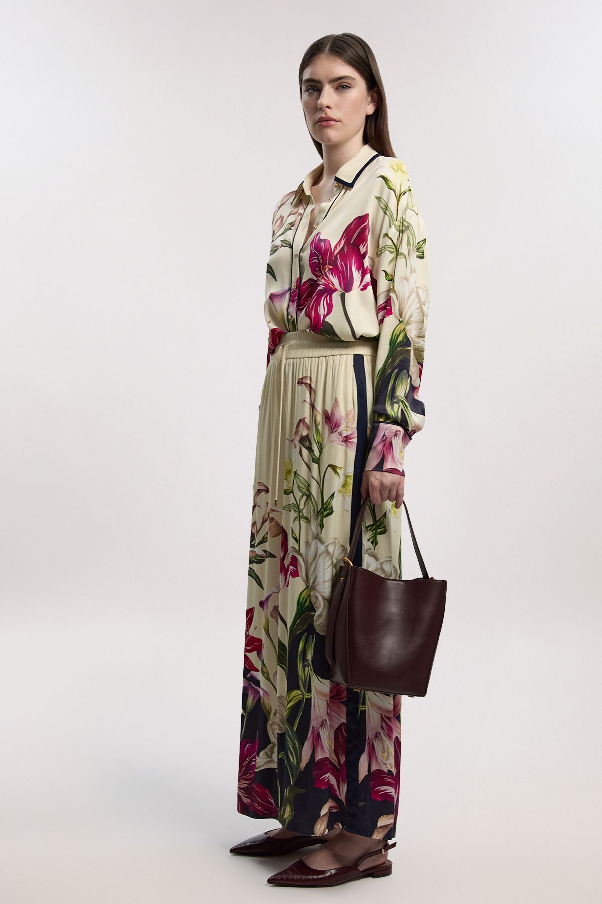 KarenMillen Viscose Satin Floral Print Wide Leg Woven Trouser