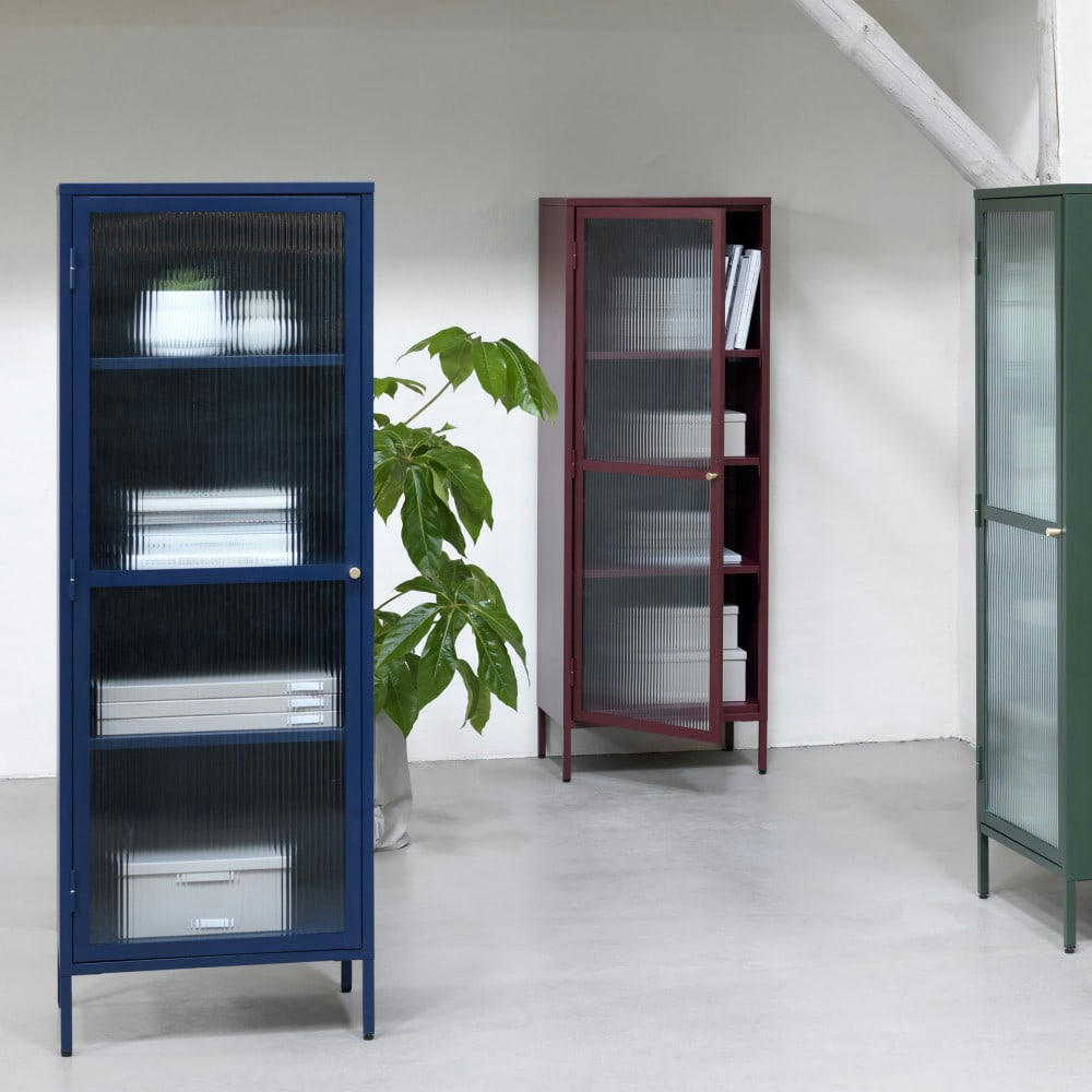 BJORN - Colonne de rangement 1 porte en verre strié et métal H160cm bleu