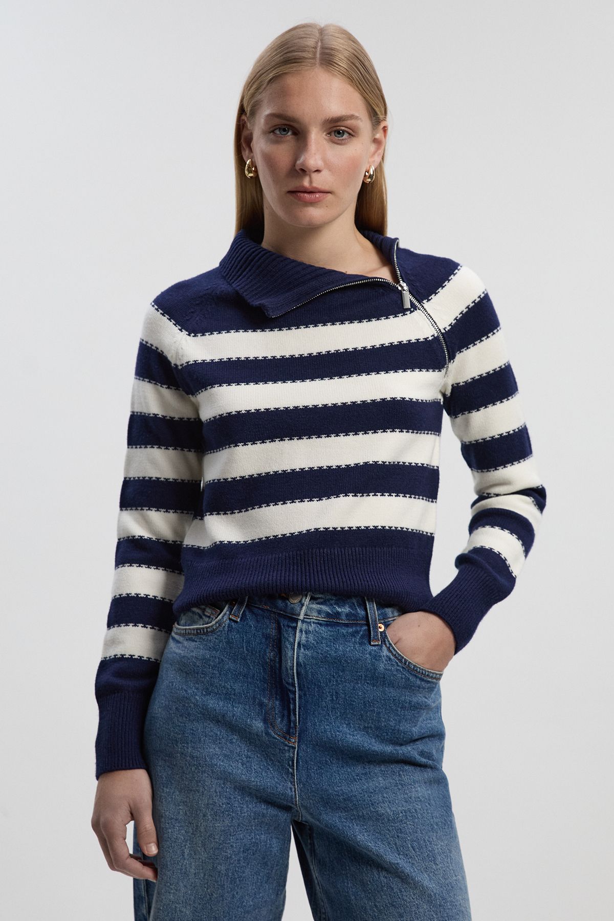 KarenMillen Stripe Zip Through Funnel Neck Knit Jumper