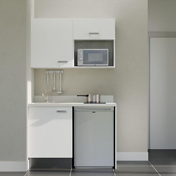 Kitchenette K07 - 120 cm - façades Blanc - Plan monobloc en quartz coloris Snova évier à gauche - Electroménager Inox