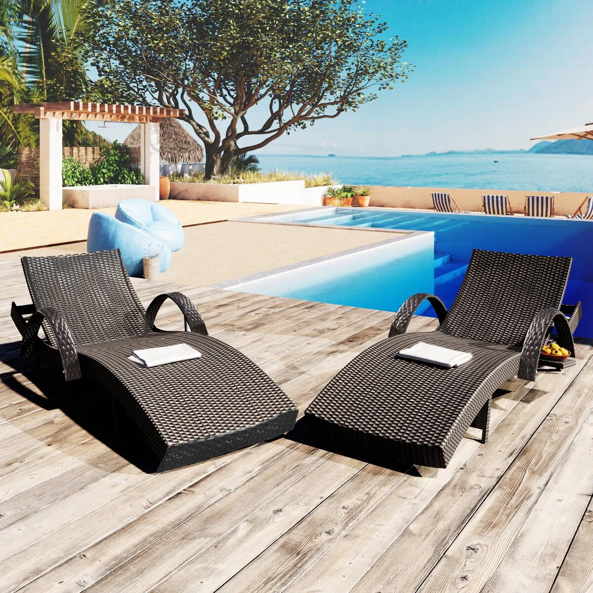 Outdoor Wicker Chaise Lounge Chairs Set of 2