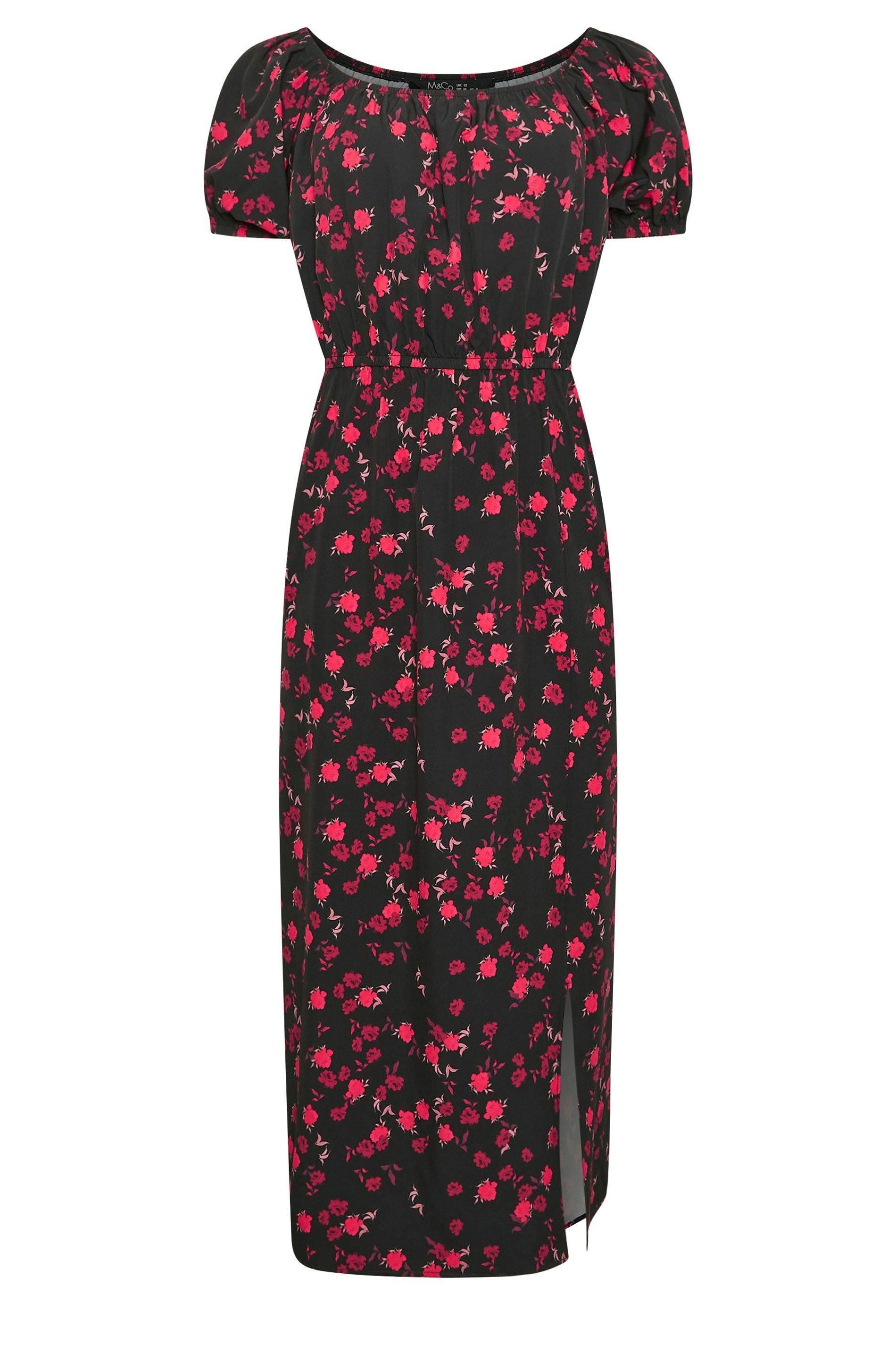 M&Co Rose Print Bardot Split Hem Midi Dress