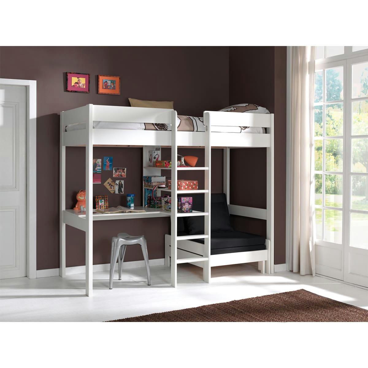 PINO - Lit mezzanine 90x200 sommier inclus fauteuil blanc