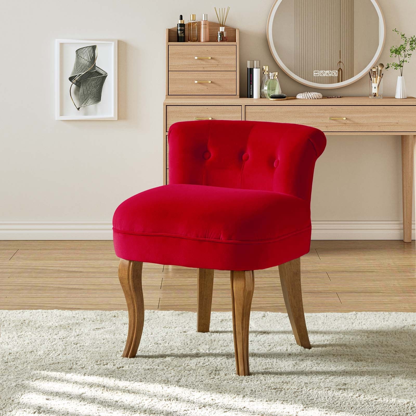 Xacobo Modern Velvet Tufted Vanity Stool with Wood Base by HULALA HOME