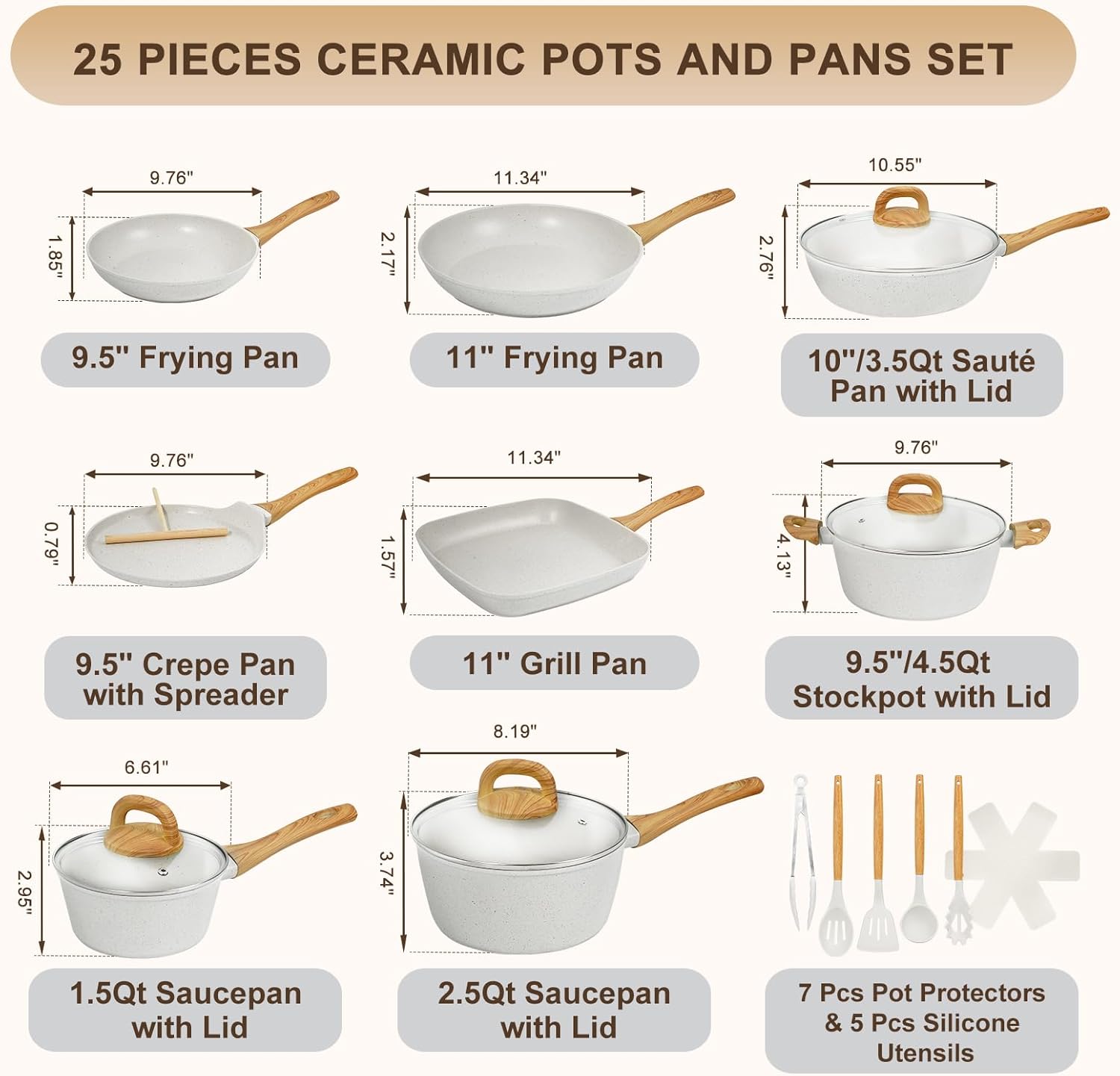 EWFEN Nonstick Pots and Pans Set, 25-Piece Ceramic Cookware Set, Induction Kitchen Cooking Set with Frying Pans Saucepans & Utensils, Healthy Non-toxic, PFAS/PTFE/PFOA Free, White