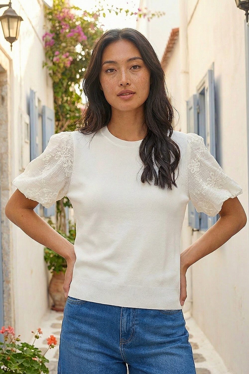 Roman Petite Floral Sleeve Knitted Top