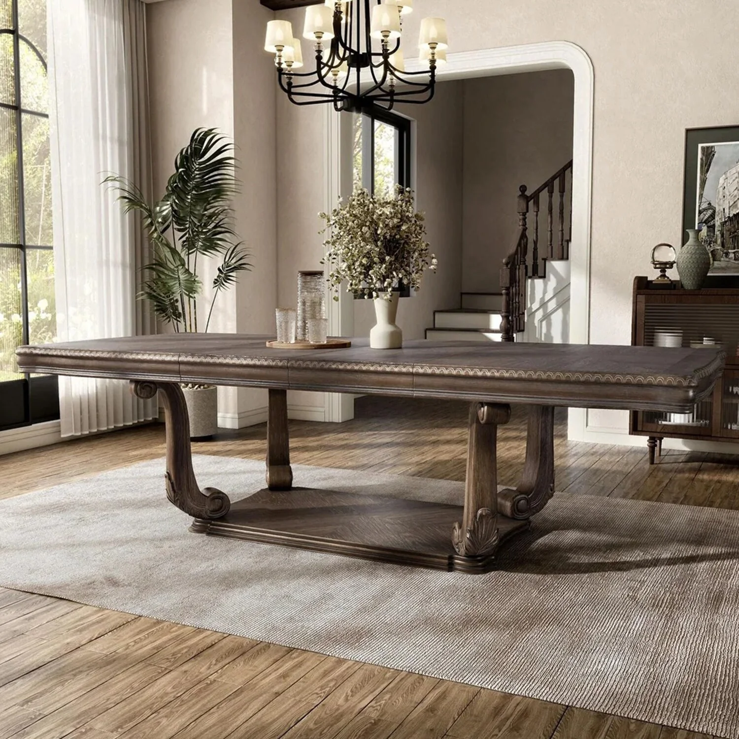 Rectangular Wooden Dining Table with Scroll Pedestal Base in Weathered Oak - Weathered Oak