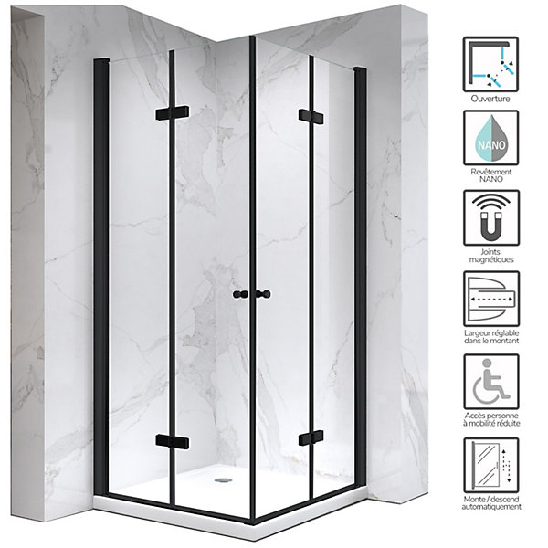 Cabine douche 90x90 cm   receveurELIZA-BLACK H.190 porte pivotante verre 6 mm, noir - SANIVERRE