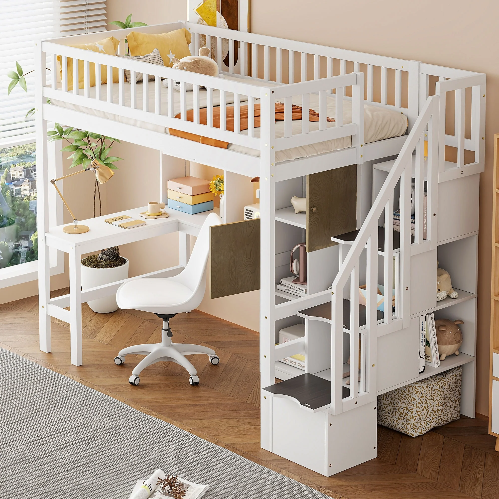 Wood Twin Size Loft Bed with Built-in Desk, LED, Storage Shelves, Cabinets and Staircase, White