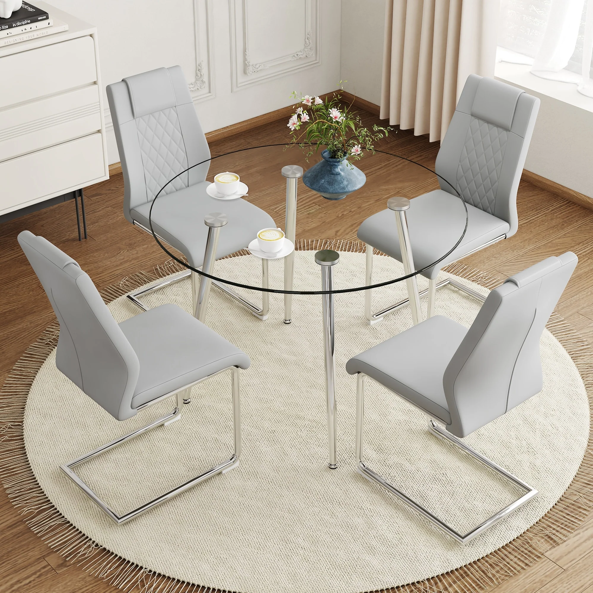 Modern Style Dining Set with Round Transparent Tempered Glass Table and Silver C-Tube Metal Legs Dining Chairs