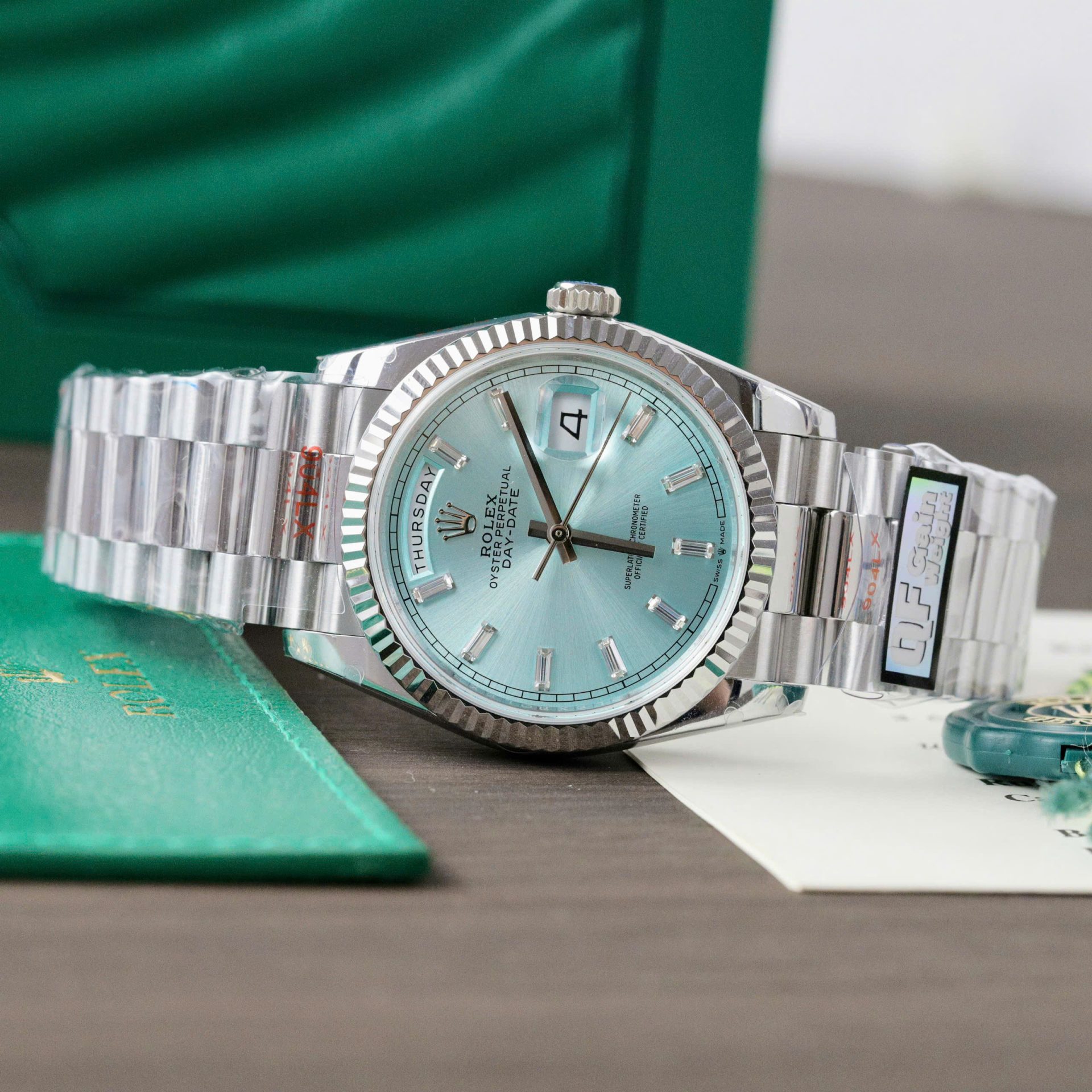 Rolex Day-Date 128236 904L Steel Ice Blue Dial CZ Diamonds 36mm Super Clone