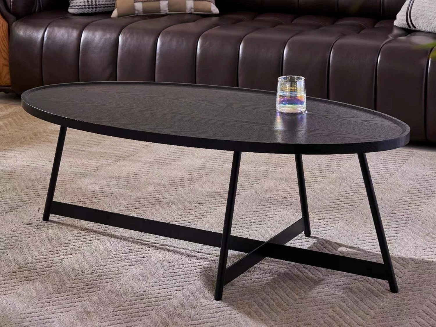 Shrine Wood Coffee Table, Walnut Table for Living Room, Metal Wood Table, 43.3 D x 21.6 W x 15.7 H, Black Wood Base & Metal Frame