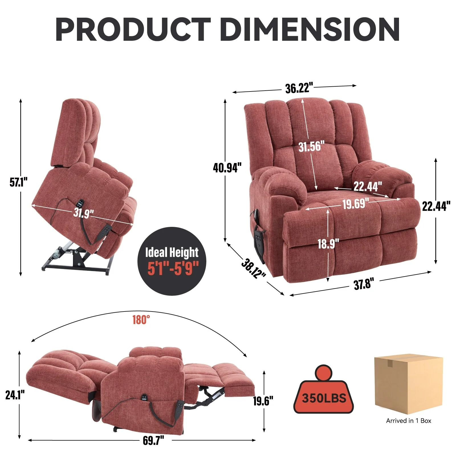 Heavy Duty Power Lift Recliner Chair with Dual Motor, Heat & Massage Functions, Infinite Position Electric Reclining Sofa