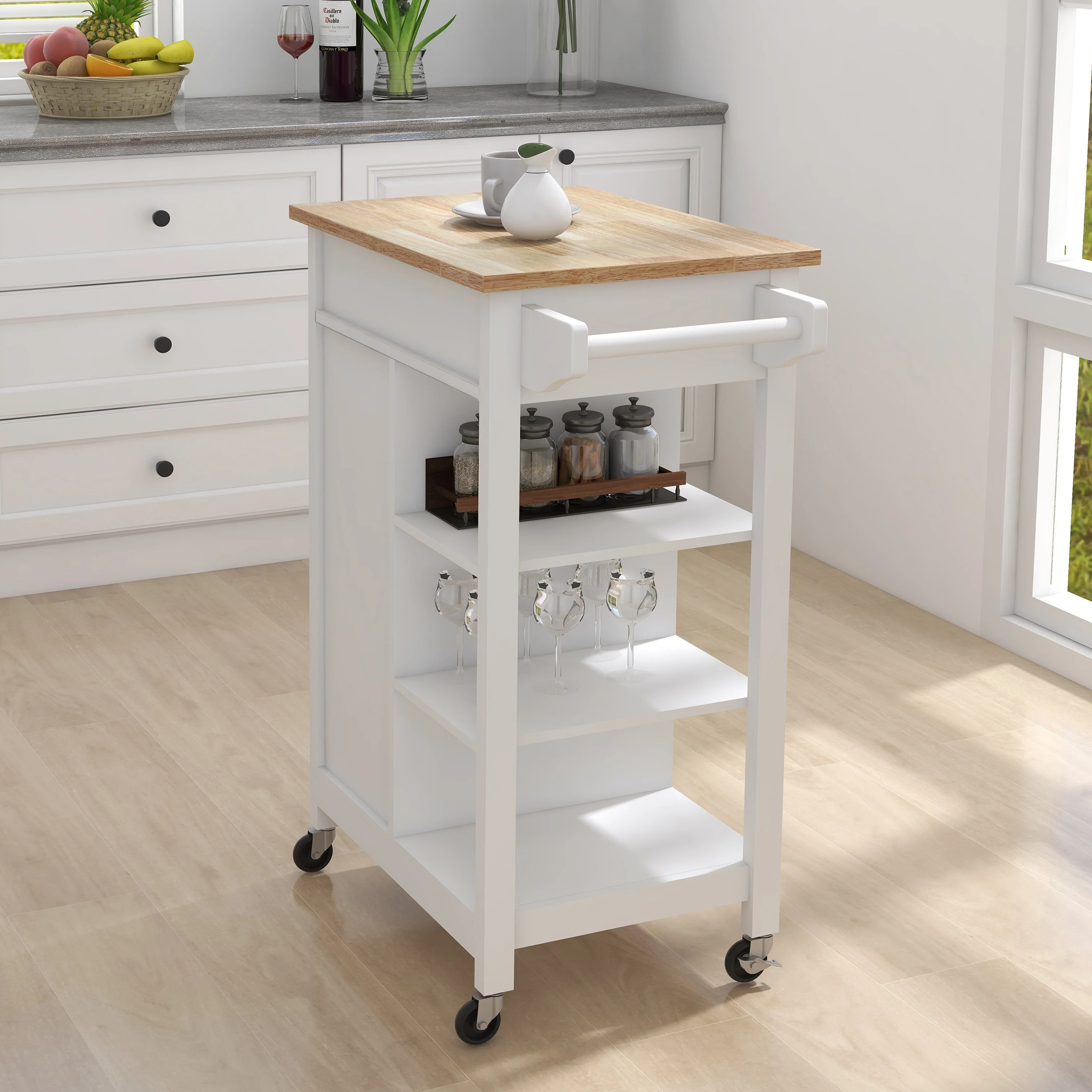 Kitchen Island Rolling Trolley Cart With Adjustable Shelves And Towel Rack Rubber Wood Table Top(no include stool)
