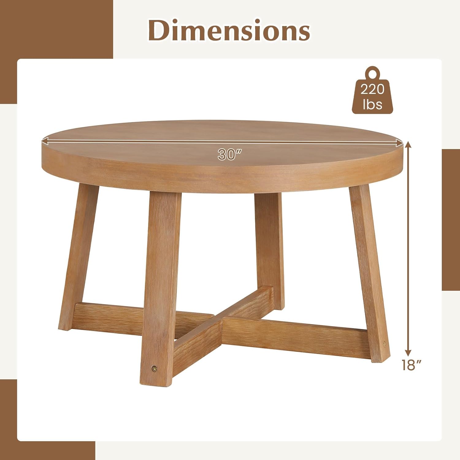 Giantex Round Coffee Table, 30 Wood Center Table with Thickened Tabletop & Cross-Shaped Pine Wood Frame, 220 lbs Capacity, Modern Living Room Table for Small Spaces, Natural