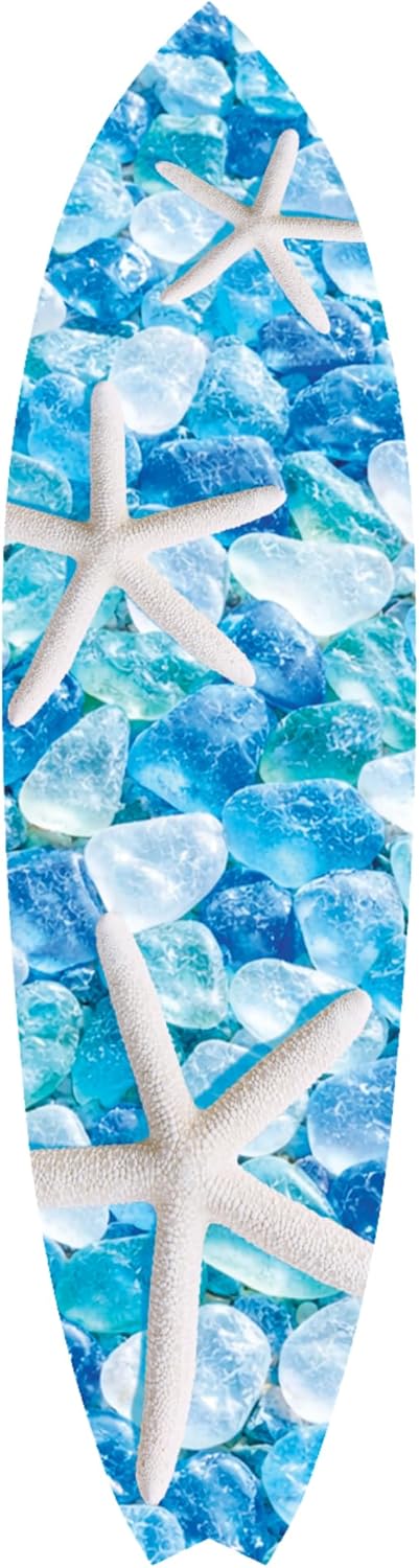 Starfish and Seaglass Decorative Surfboard, Blue Ocean Theme, Premium PVC, Indoor Outdoor Safe, CNC Machine Cut, Made in USA