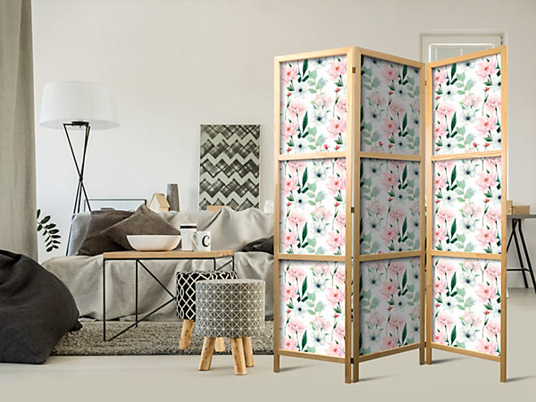 Paravent japonais -Fleurs roses et blanches et feuilles vertesblanc