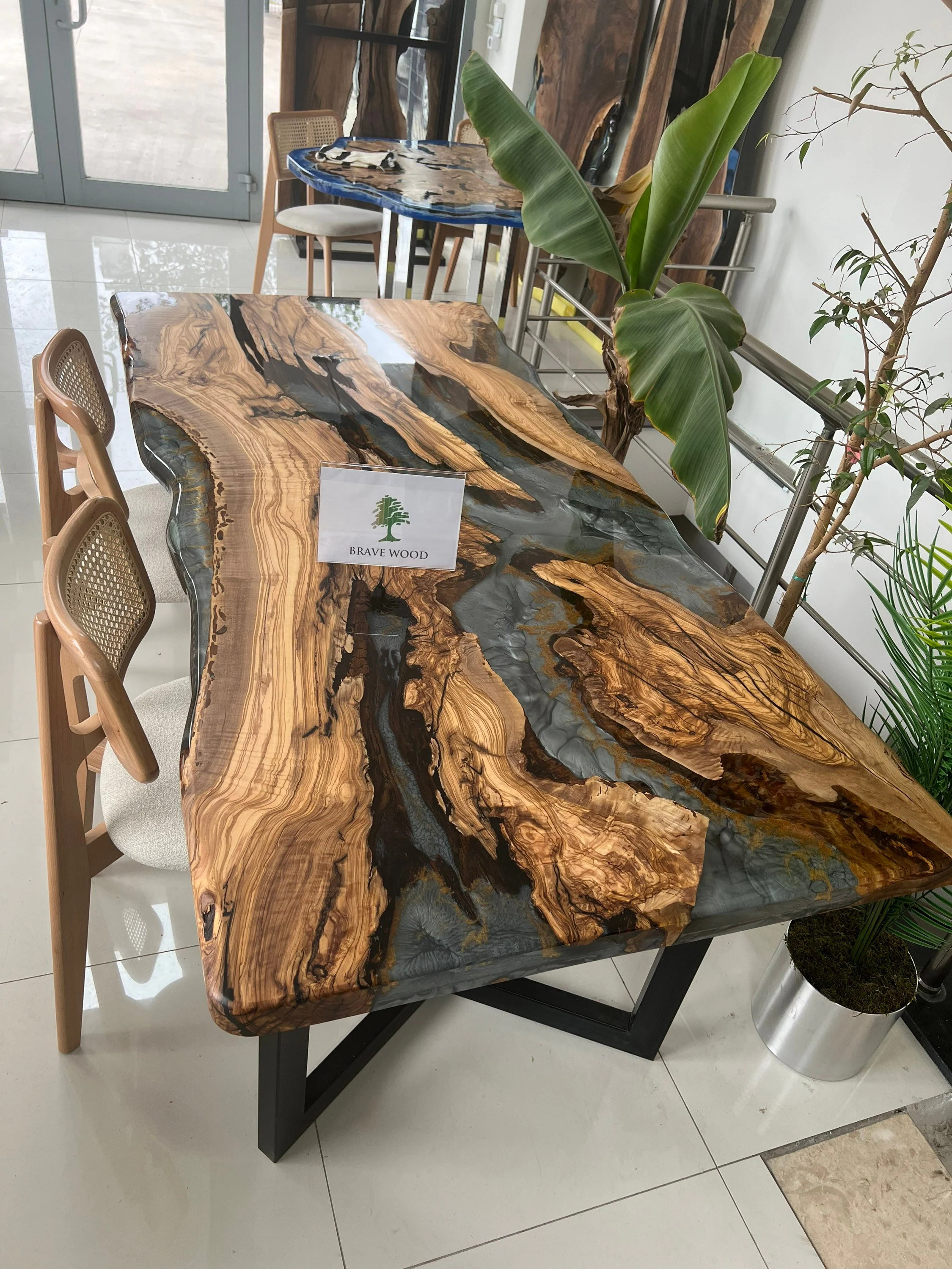 Custom Olive Wood Epoxy Resin Dining Table: Live Edge River Table