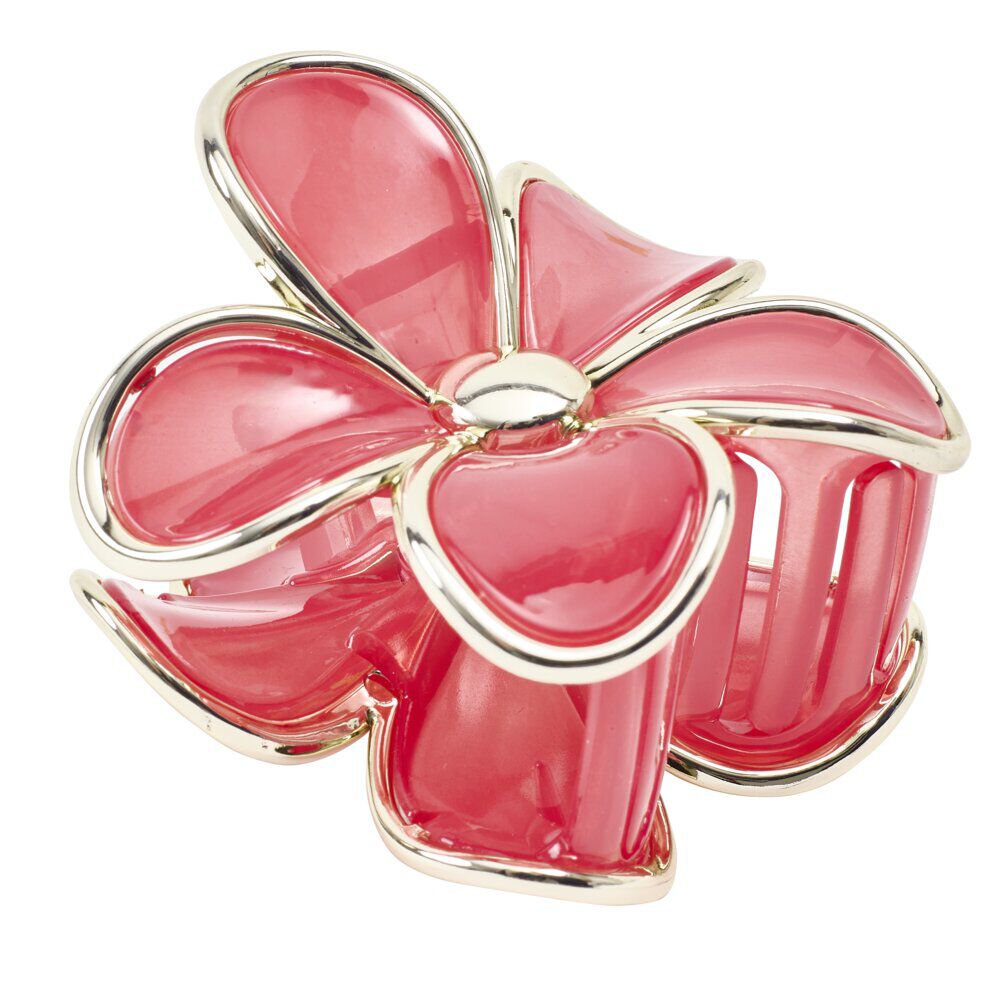 Pince cheveux fleur marguerite plastique rose contour métal doré L8cm