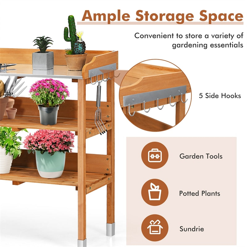 Outdoor Wooden Garden Potting Bench Work Station Storage Shelf with Hook