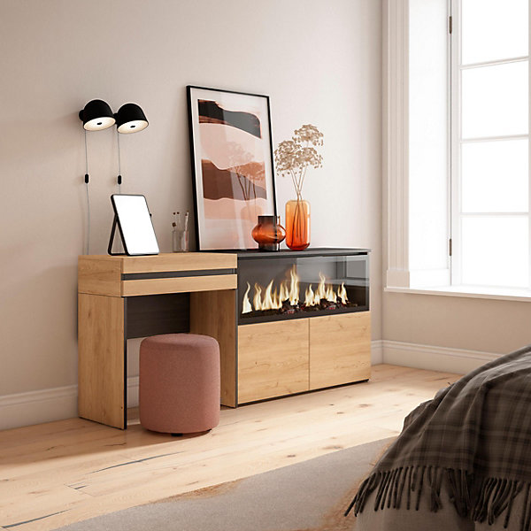 Coiffeuse 177x35x75cm avec tiroir feu led sans chaleur XXL chêne