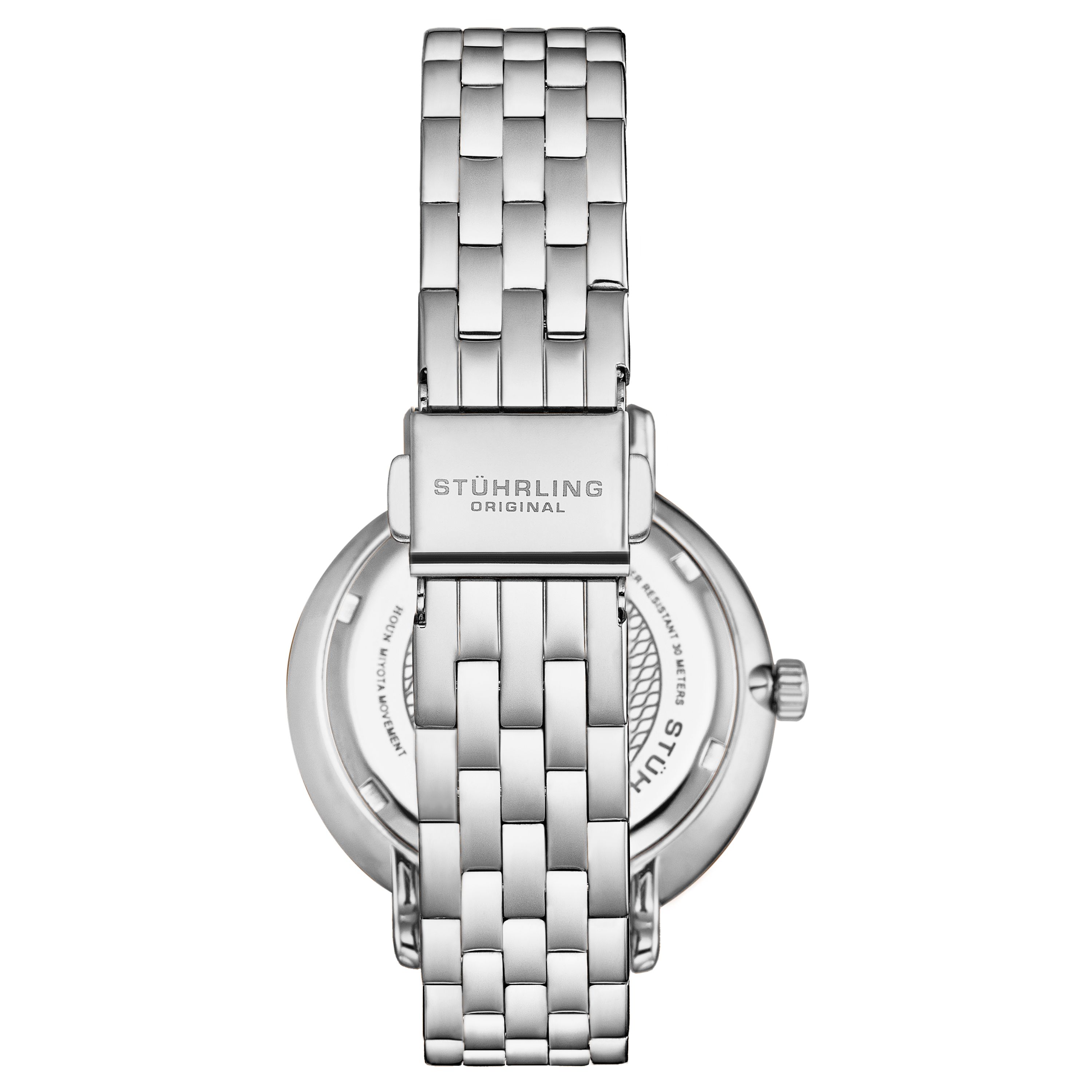 STÜHRLING Original 4038 Women's Moonphase Watch Crystal Studded Bezel, and Mother-of-Pearl Dial with Stainless Steel Link Bracelet