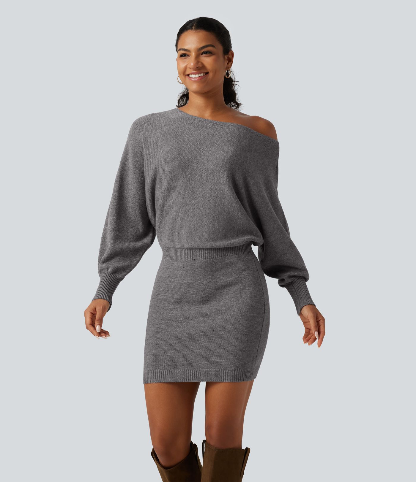 Robe pull de bureau mini moulante une épaule à manches chauve-souris