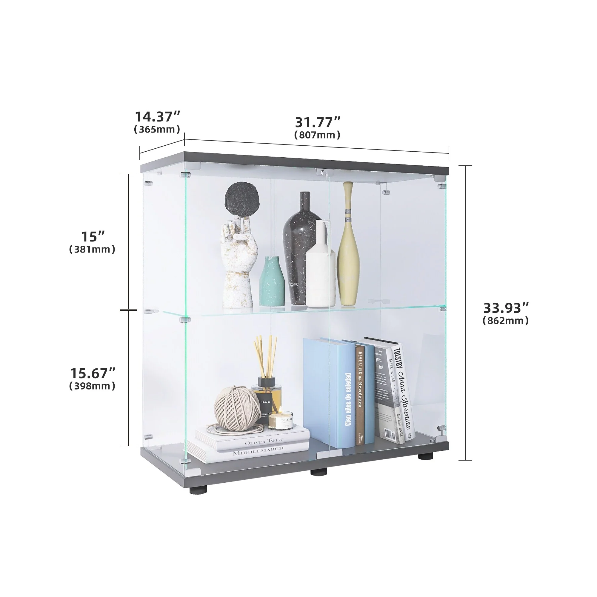 Two-door Glass Display Cabinet 2 Shelves with Door, Floor Standing Curio Bookshelf