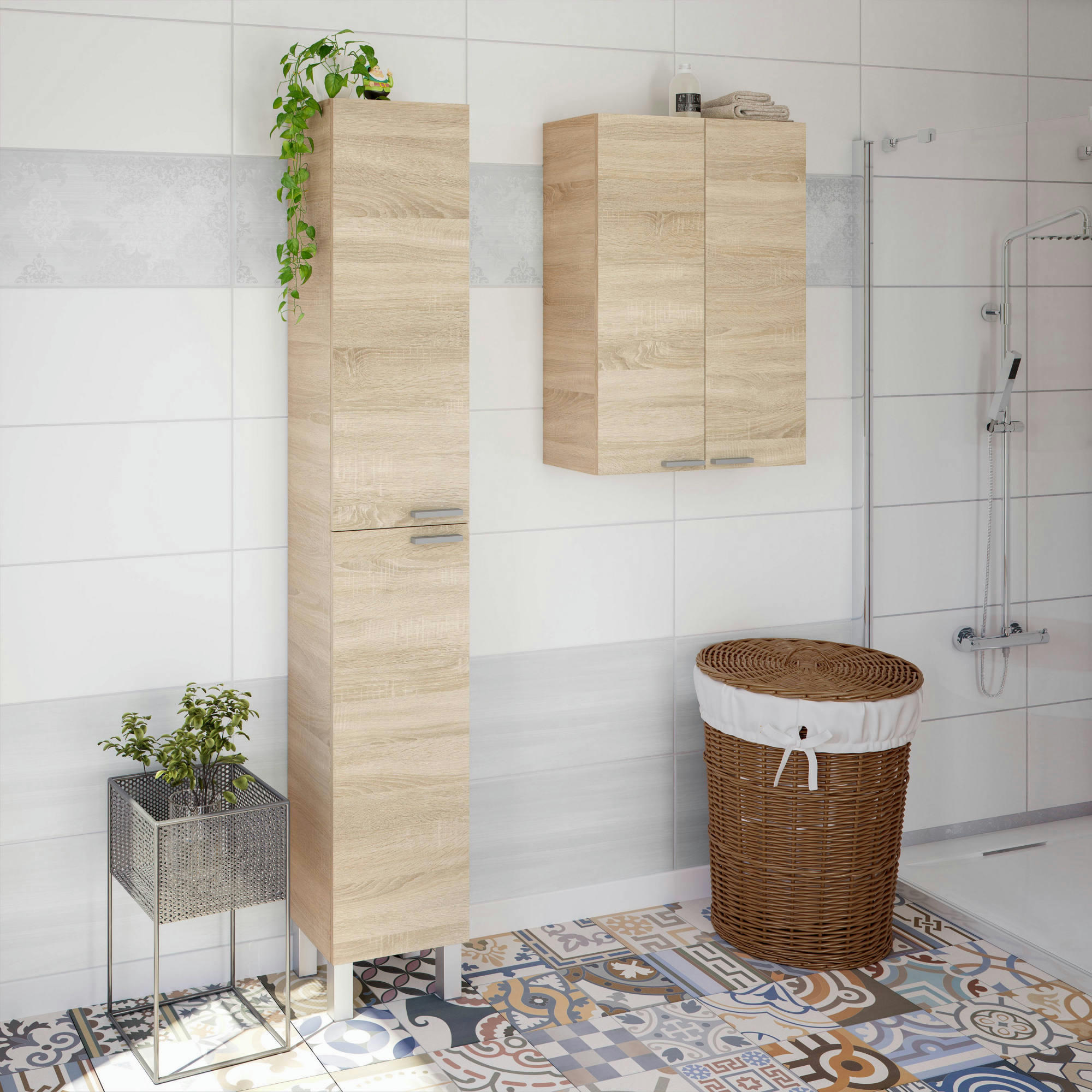 TORRANCE - Colonne de salle de bain avec 1 porte effet bois chêne