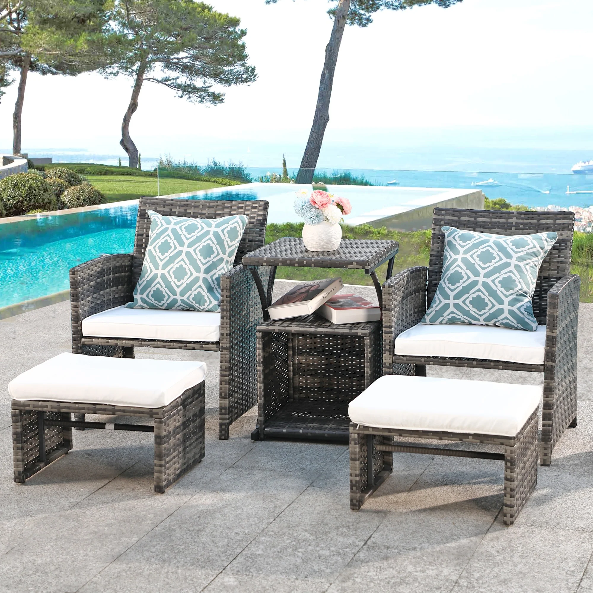 Patio 6 Pieces Wicker Conversation Set with Ottoman and Side Table
