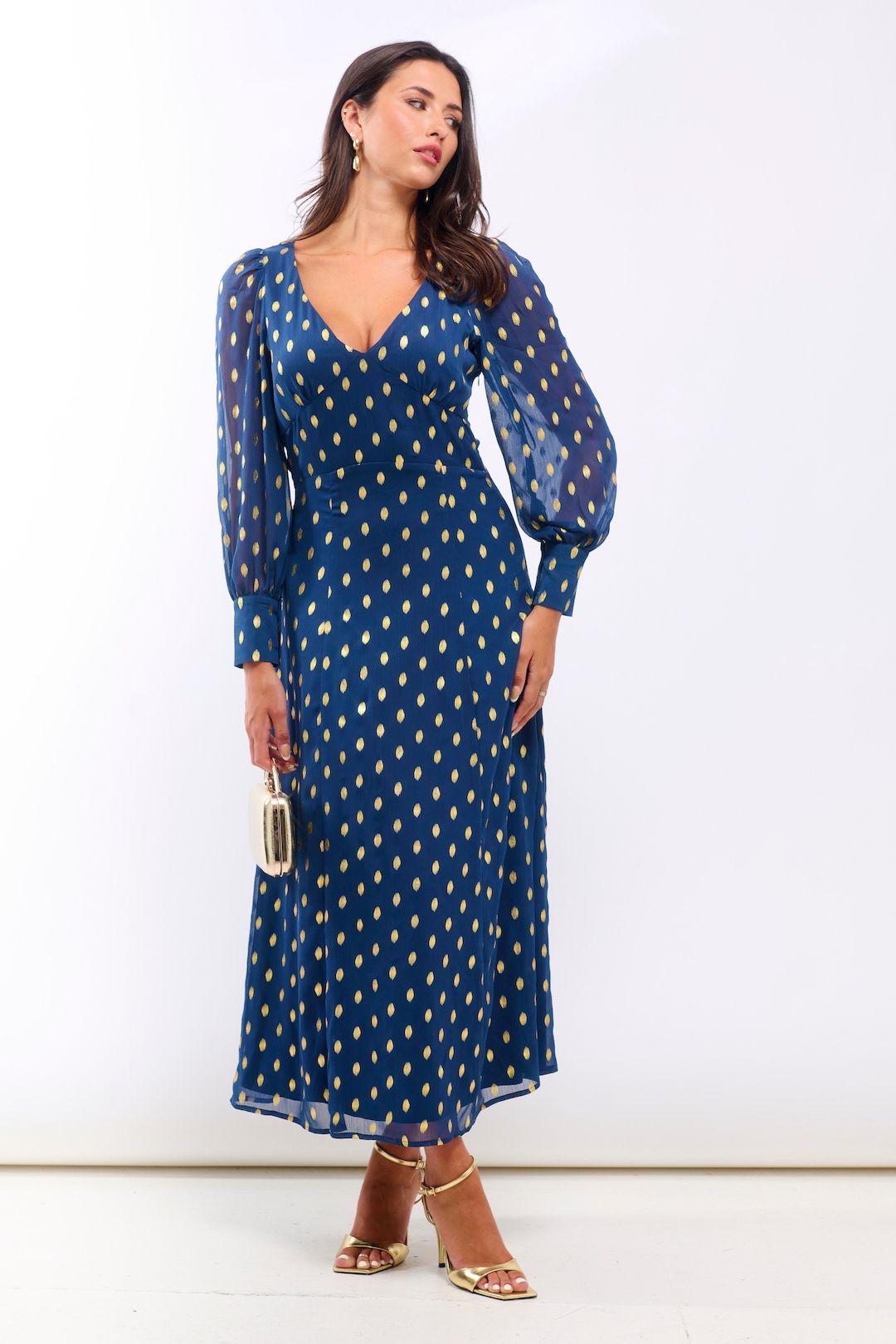 Needs No Label Dark Blue Long Sleeve Foil Plunge Midi Dress