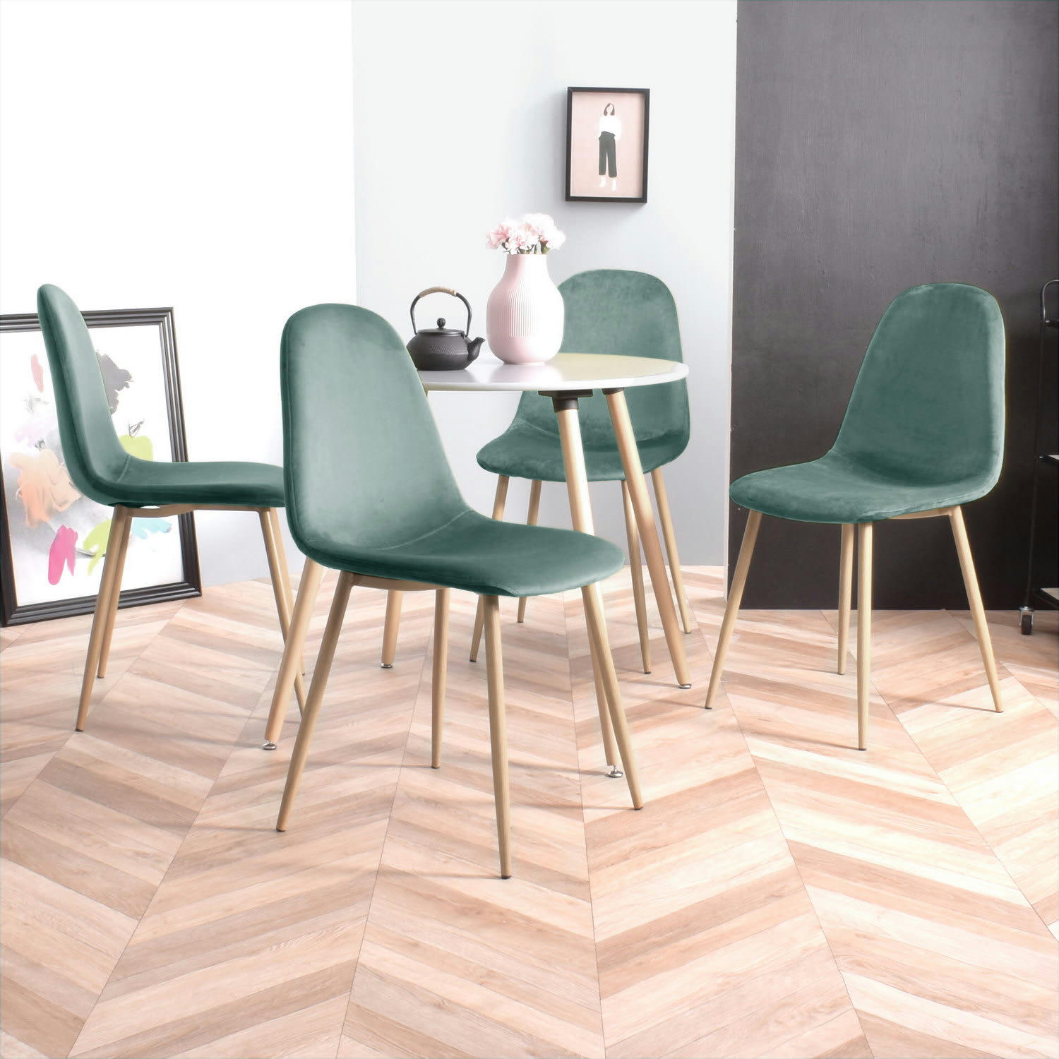 - Lot de 4 chaises scandinaves velours vert turquois pied effet bois