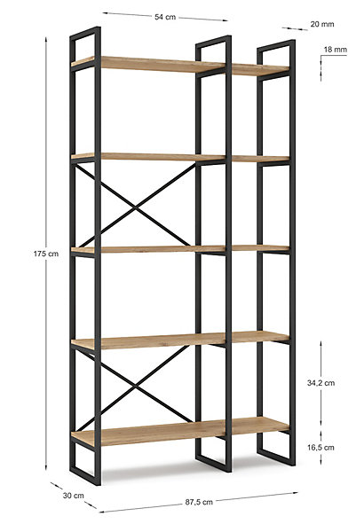 Etagère haute, meuble étagère aspect bois coloris naturel et métal noir - Longueur 87,5 x Profondeur 30 x Hauteur 175 cm