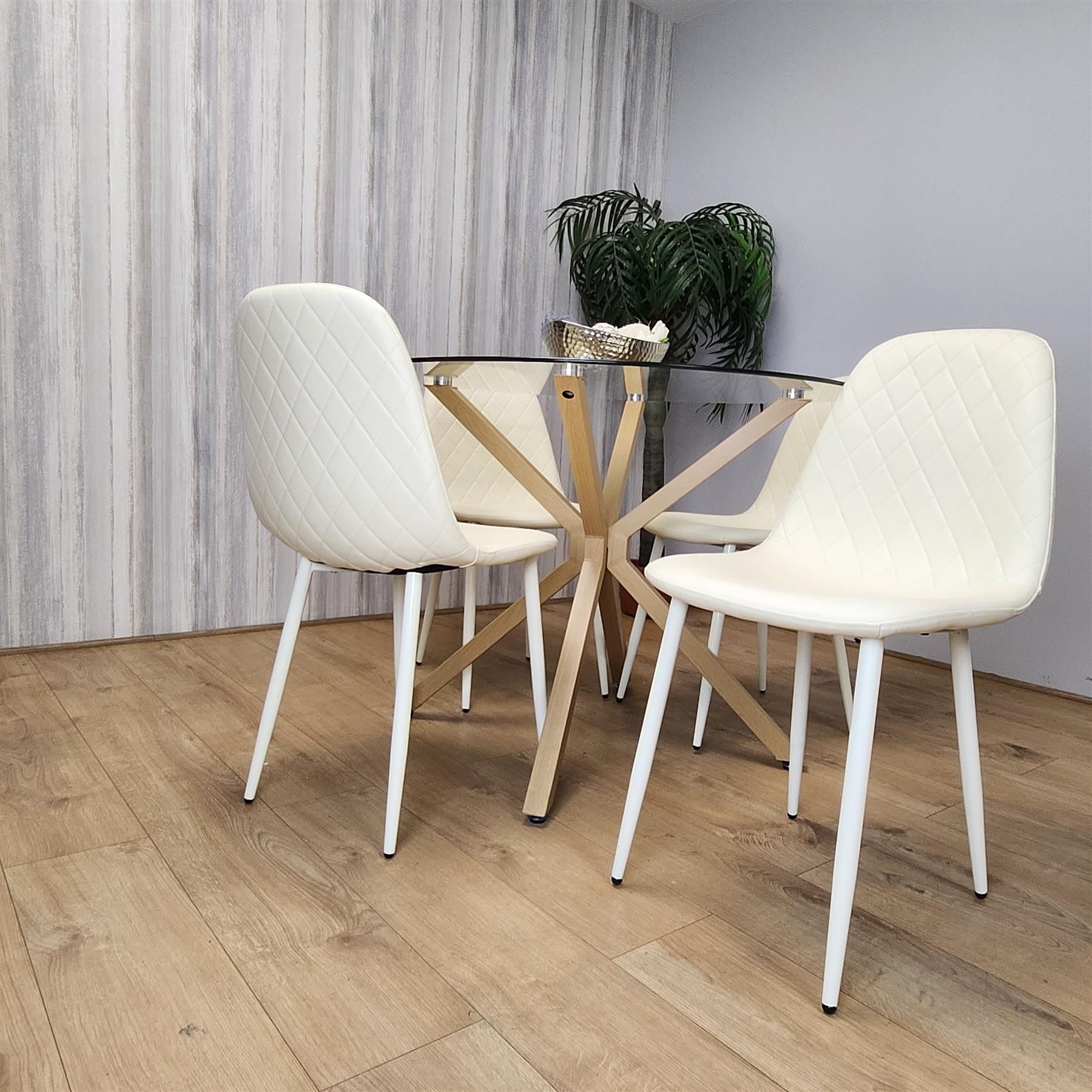 KOSY KOALA Kosy Koala Round Glass Dining Table Set With 4 Cream Gem Pattern Chairs Dining Room Furniture