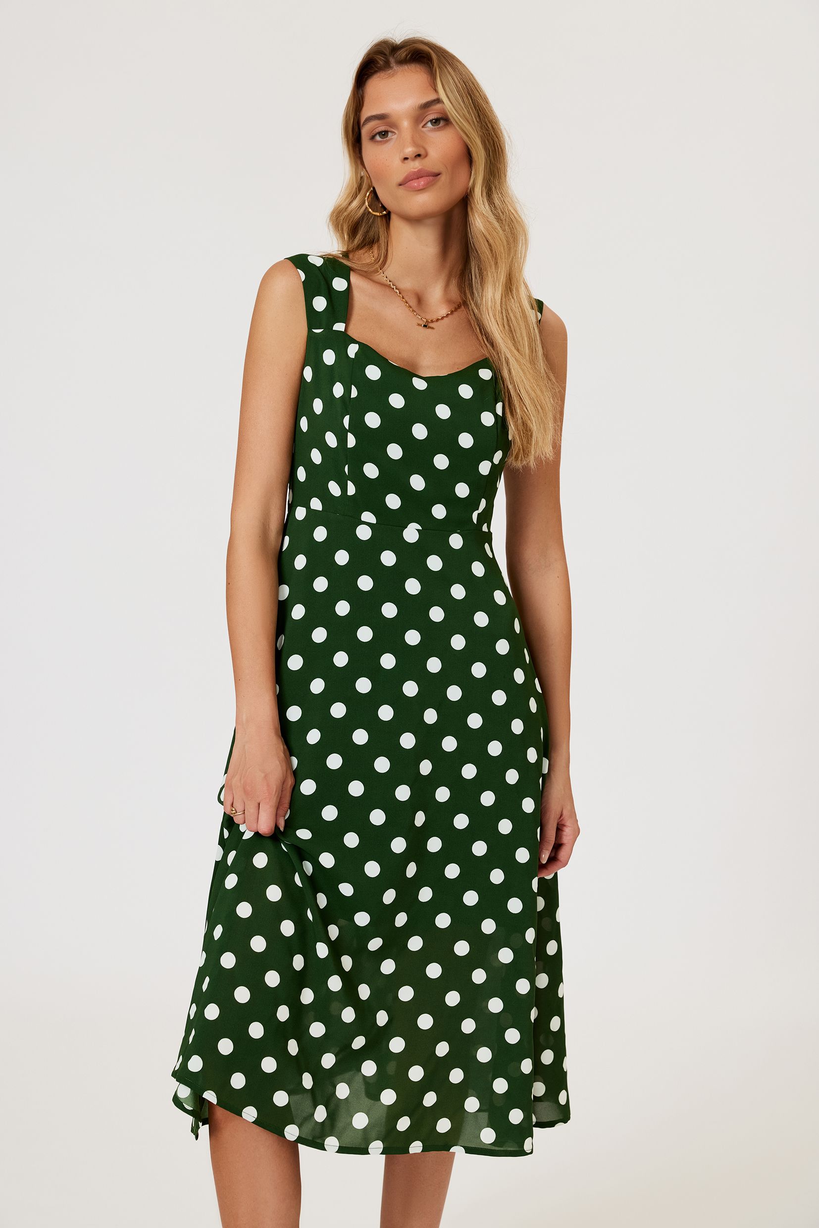 FS Collection Polka Dot Print Heart Neck Midi Green
