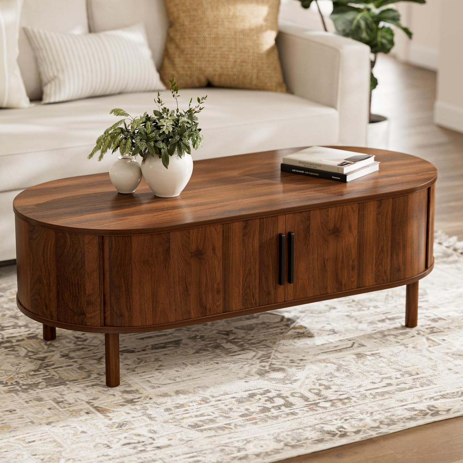 ZttRiee Coffee Table for Living Room, Modern Oval Coffee Table with Cabinets & Sliding Doors, Home Small Space, 47.2 Fluted Center Table, Walnut