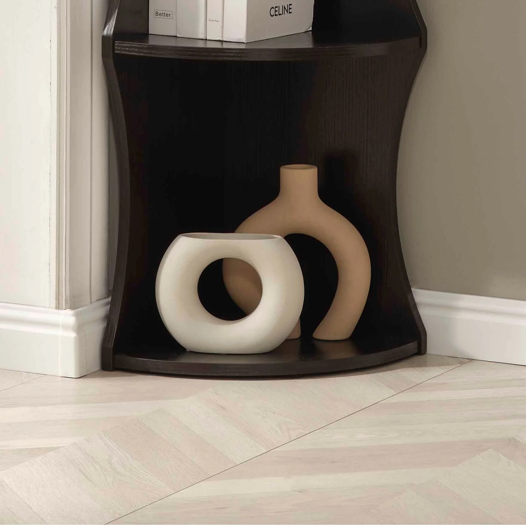 Five shelf corner bookcase rounded shelf