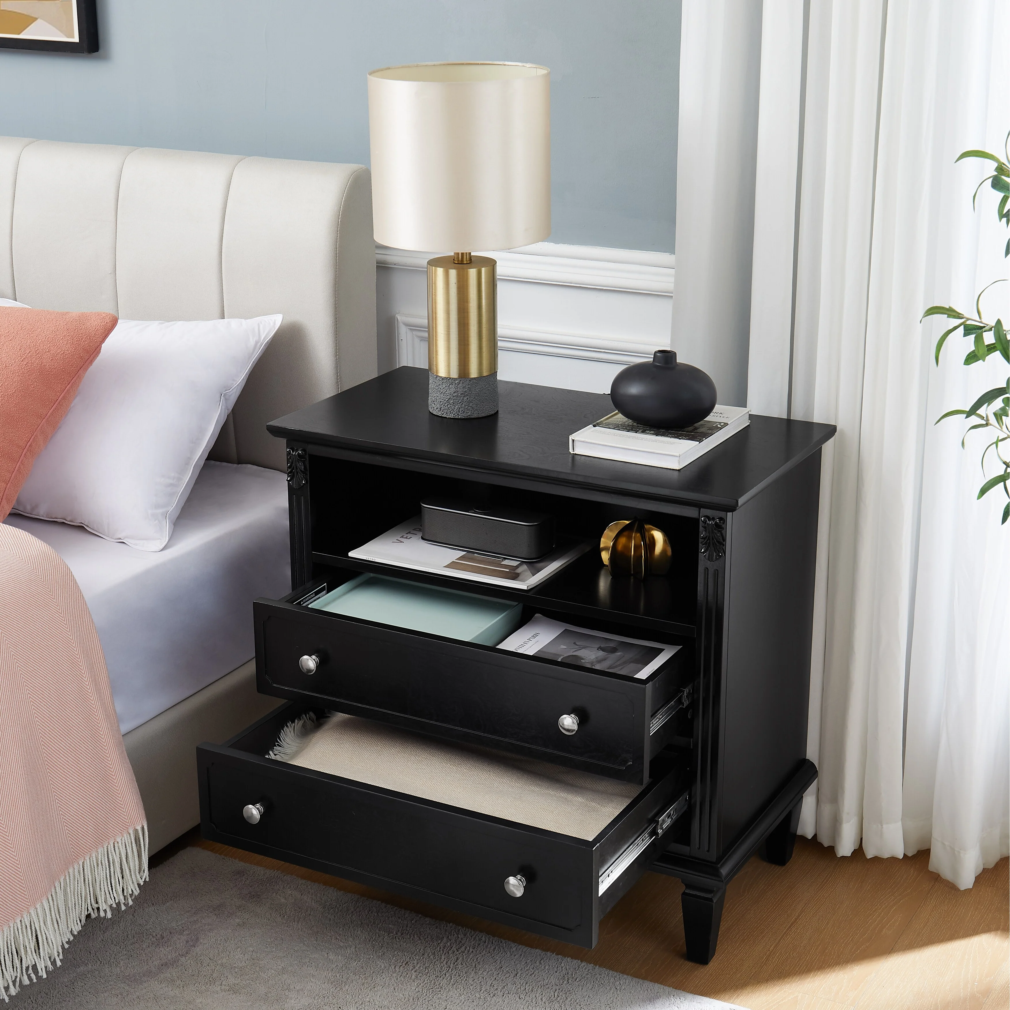 Open Space And 2 Drawers Dresser Nightstand With Charging Station, Farmhouse End Table With Usb Ports And Outlets