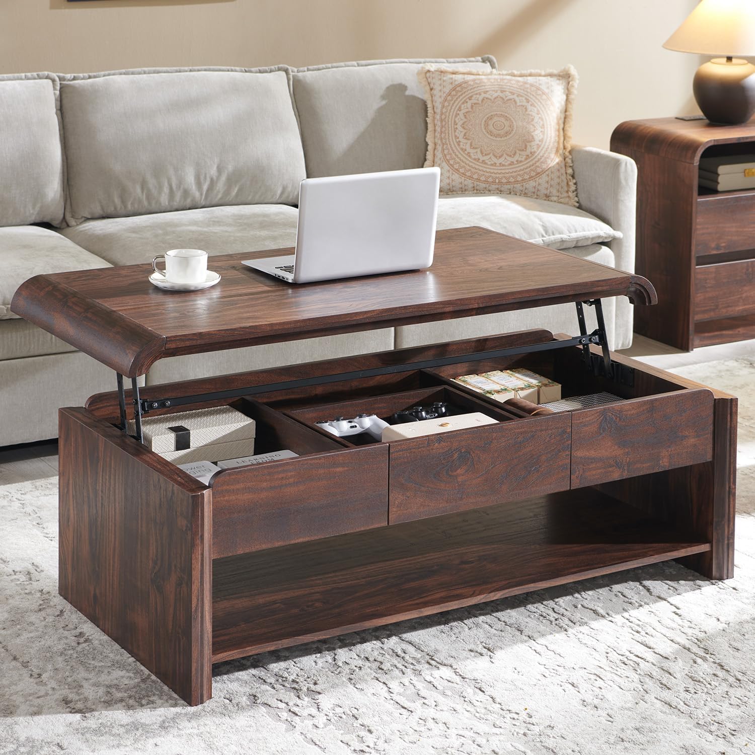 47 Lift Top Coffee Table with Storage, Modern Coffee Table with Pull-Out Drawer and Two-Tier Storage, Rectangle Wood Center Table w/Curved Profile Design for Living Room, Brown
