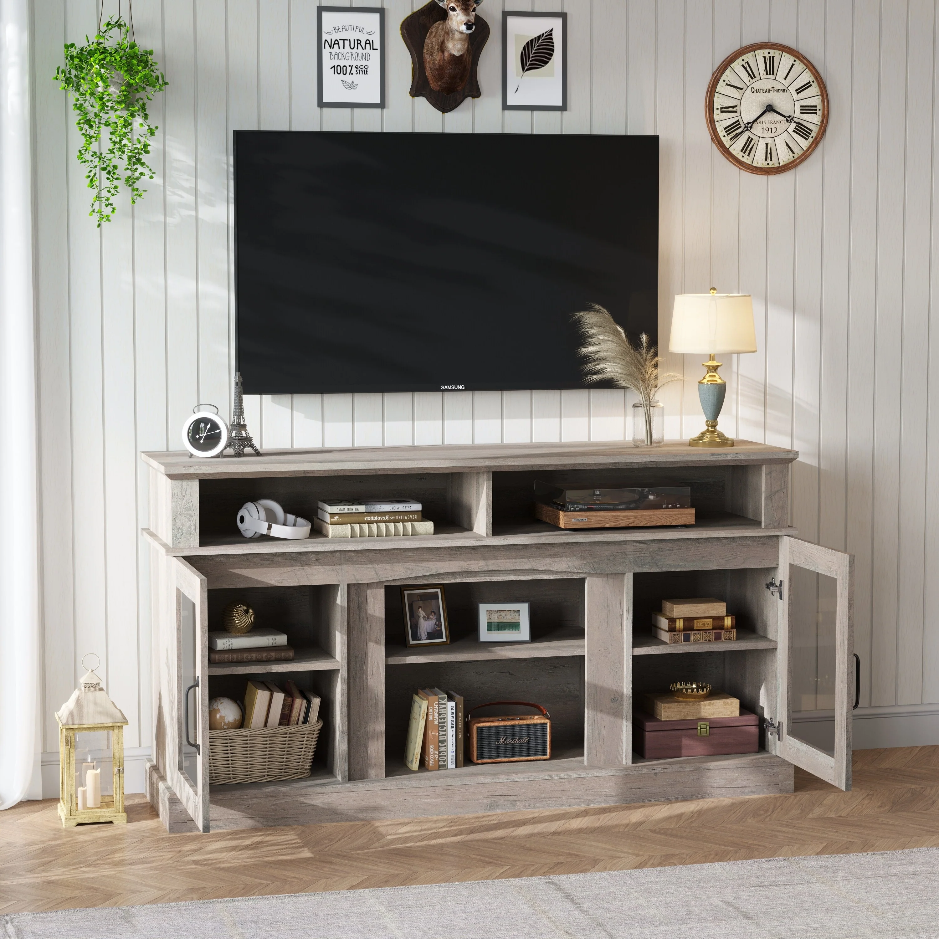 58 Farmhouse TV Stand with Cabinet & Shelves for TVs Up to 65