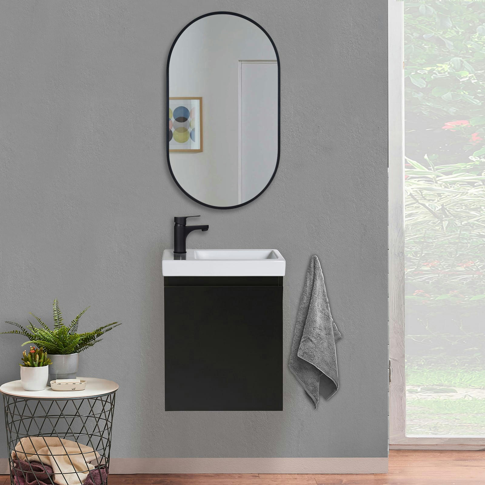 LISA - Meuble lave-mains  noir + robinet noir + miroir ovale