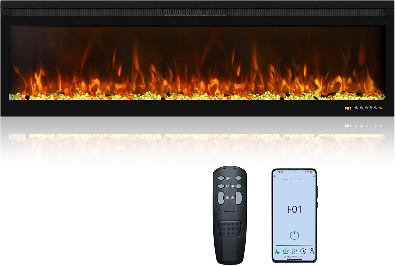 60 Inch Smart WiFi Infrared Electric Fireplace Realistic Flame, 169 Flame Color Combinations,App/Remote Control, Logs & Crystals,750W/1500W Heater, Black