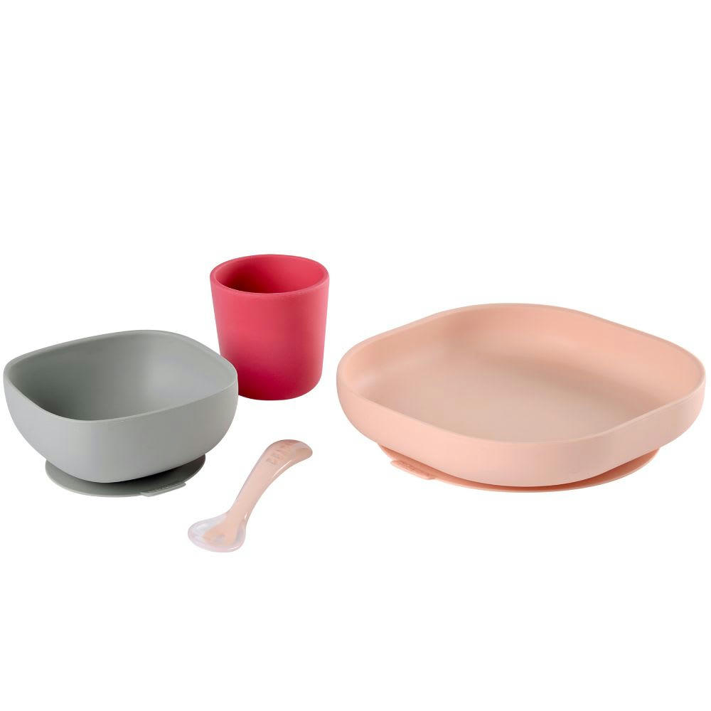 APPRENTISSAGE REPAS - Set vaisselle 4 pièces en silicone rose