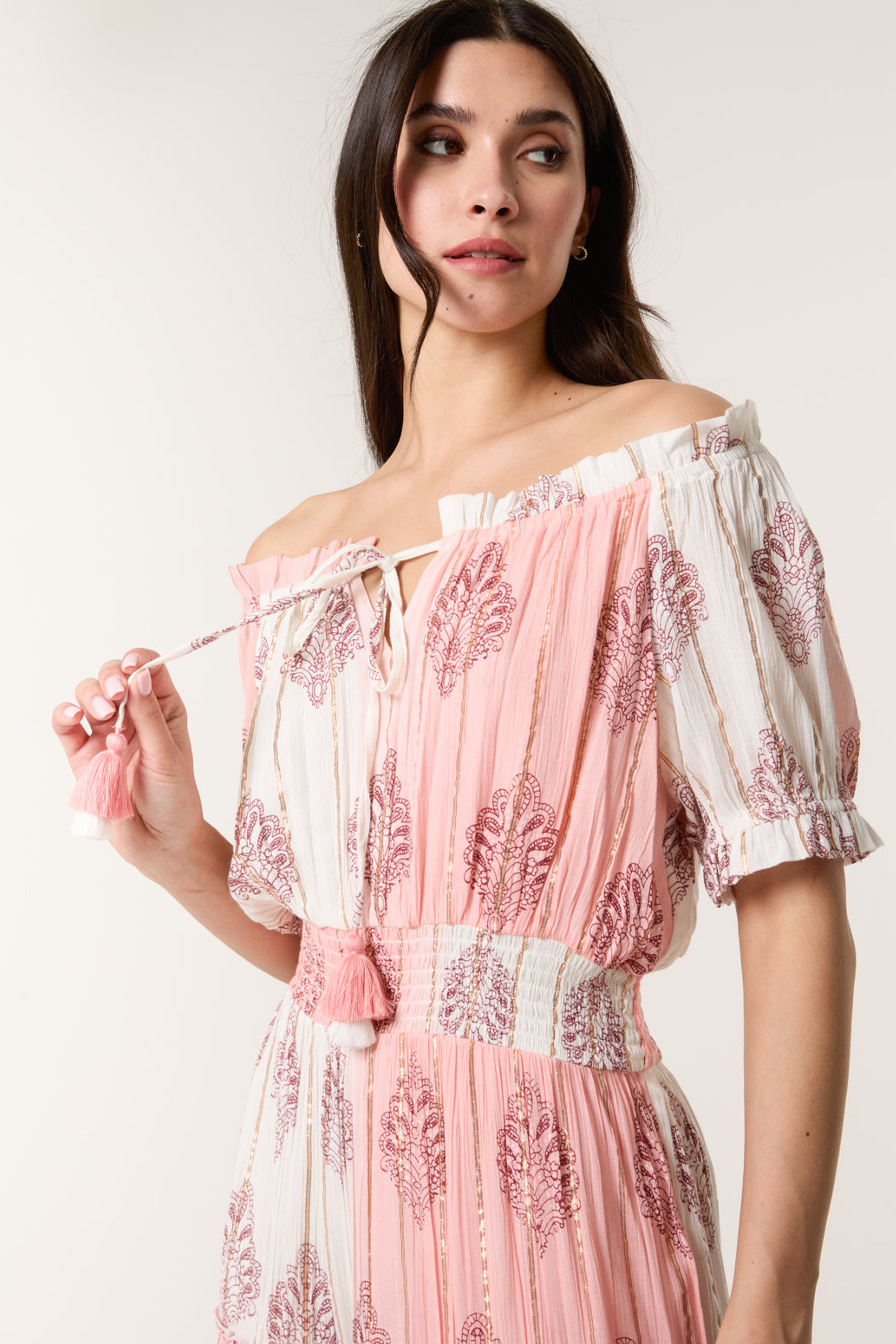 Blue Vanilla Pink Foil Print Amber Tiered Midi Dress