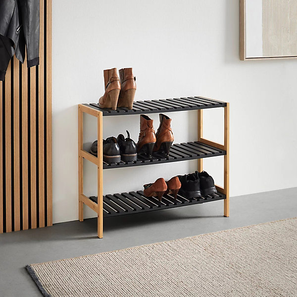 Etagère à chaussures en bambou meuble à chaussure de 3 étagères coloris Noir - Longueur 70 X Profondeur 26 X Hauteur 59 cm