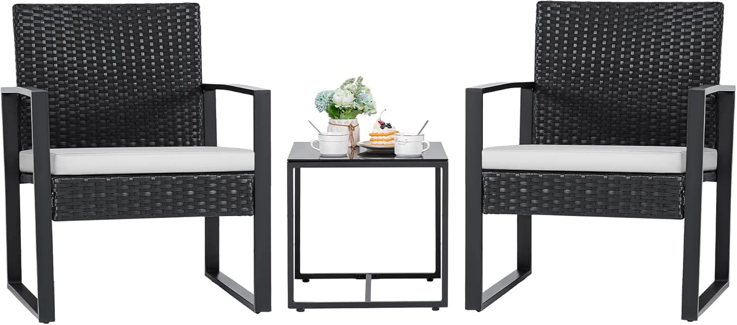 Flamaker 3 Pieces Patio Set Outdoor Wicker Furniture Sets Modern Rattan Chair Conversation Sets with Coffee Table for Yard and Bistro (Black)