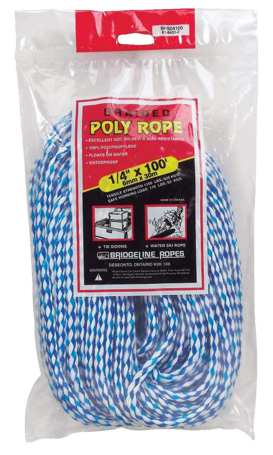 KingCord Polypropylene Hollow Braided Rope, 1/4-in x 100-ft