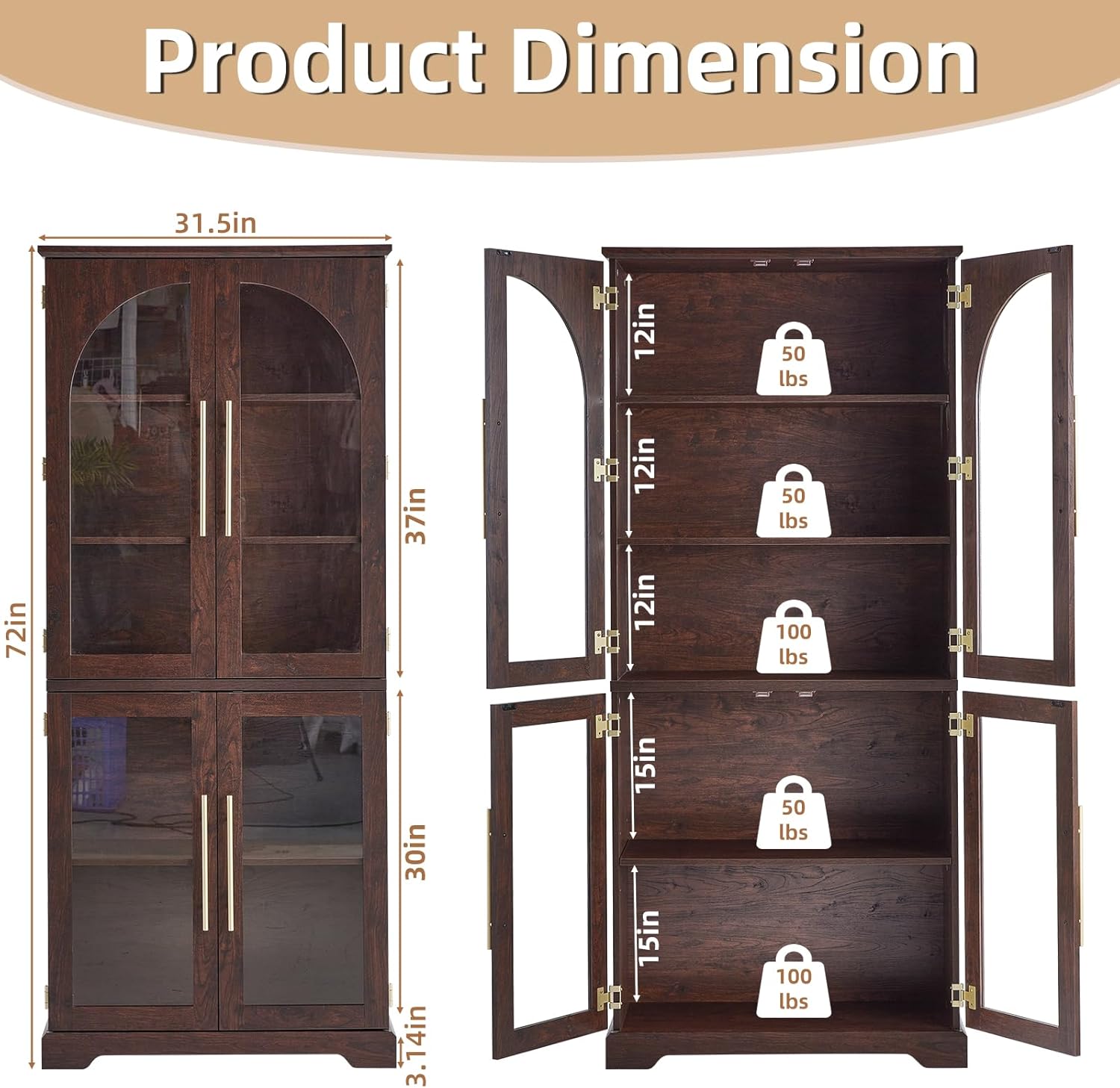 Joaxswe 72 Tall Bookshelf with 4 Curved Glass Doors, Farmhouse Bookcase with 3-Tier Adjustable Shelves, Modern Living Room Display Cabinet, Large Storage Cabinet for Home Office,Dining Room, Walnut
