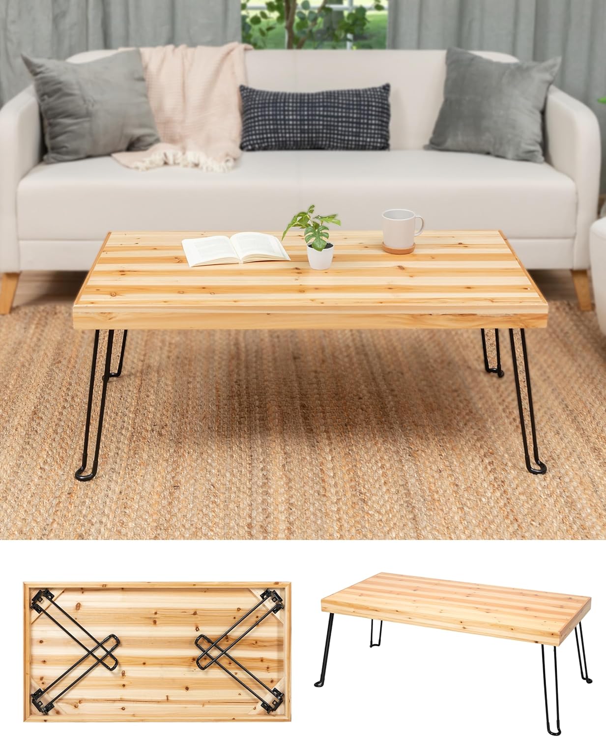 Sleekform Folding Wooden Coffee Table - Collapsible 20x40 Light Wood Mini Desk - Lightweight Foldable Coffee Table for Small Spaces - Fold Up Hairpin Legs - Birch Wood Finish