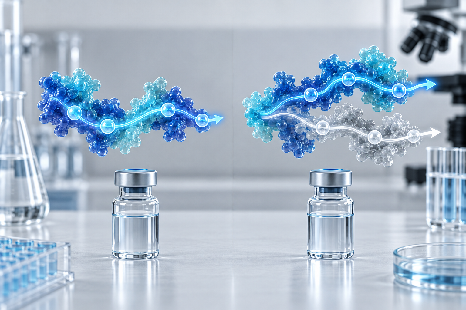 Two blue molecular pathway models compared side by side with research vials on a pale laboratory bench.